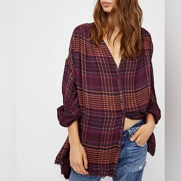 Free People Plaid Slouchy Oversized Top - Picture 2 of 11